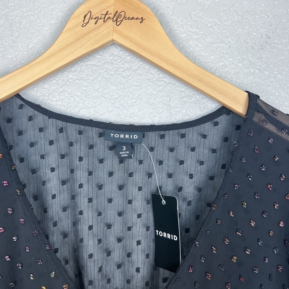 Torrid NWT Chiffon Rainbow Clip Dot Top Black 3X Whimsigoth Semi-Sheer Shirt - Picture 6 of 12